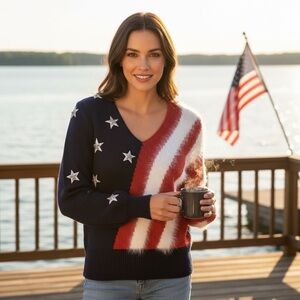 VTG Elizabeth New York American Flag Knit Sweater V-Neck Preppy Mixed Media Sz M